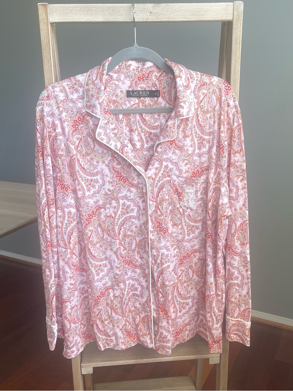 Lauren Ralph Lauren Pajama Set XL Red Paisley Cotton Blend Embroidered Pocket